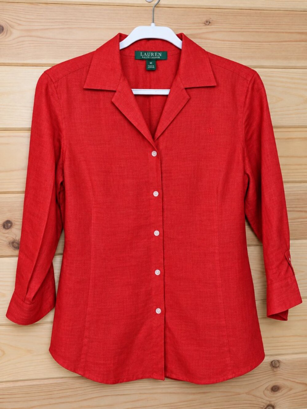 Lauren Ralph Lauren Red Linen Blend Button Down Blouse Women’s M 3/4 Sleeve